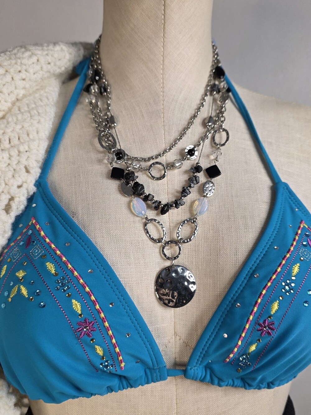Y2K Boho Statement Necklace Silver Black Beaded Sliver Tone Summer Mermaidcore
